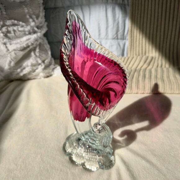 Cranberry to Clear Jack In The Pulpit Glass Vase Vintage Angelo Rossi - Picture 7 of 13